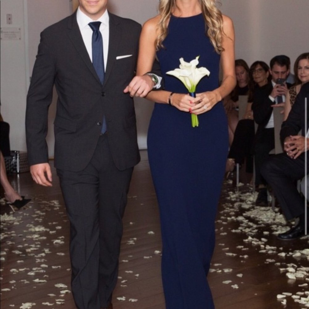 Calvin Klein Navy Blue Halter Crepe Evening Maxi Dress